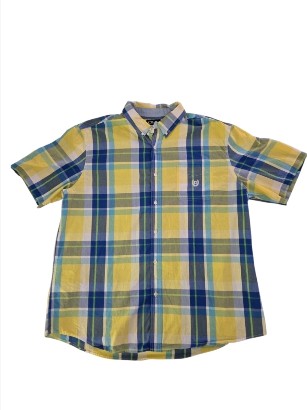 Chaps Easy Care SS Men's Button Down Shirt Collar Blue Yellow Plaid Casual XXL